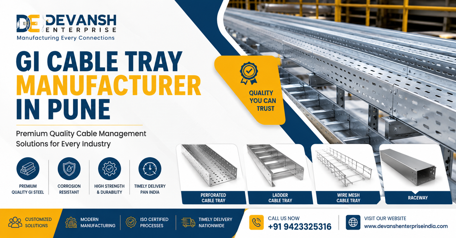 Premium GI Cable Tray Manufacturer in Pune offering perforated cable trays, ladder cable trays, wire mesh cable trays and cable management solutions by Devansh Enterprise.